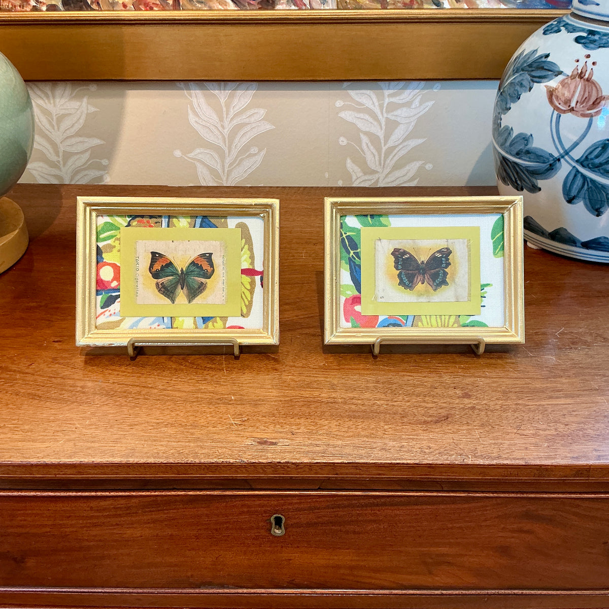 Pair of Antique Butterfly Tobacco Silks on Scalamandre Fabric in Gold Frames
