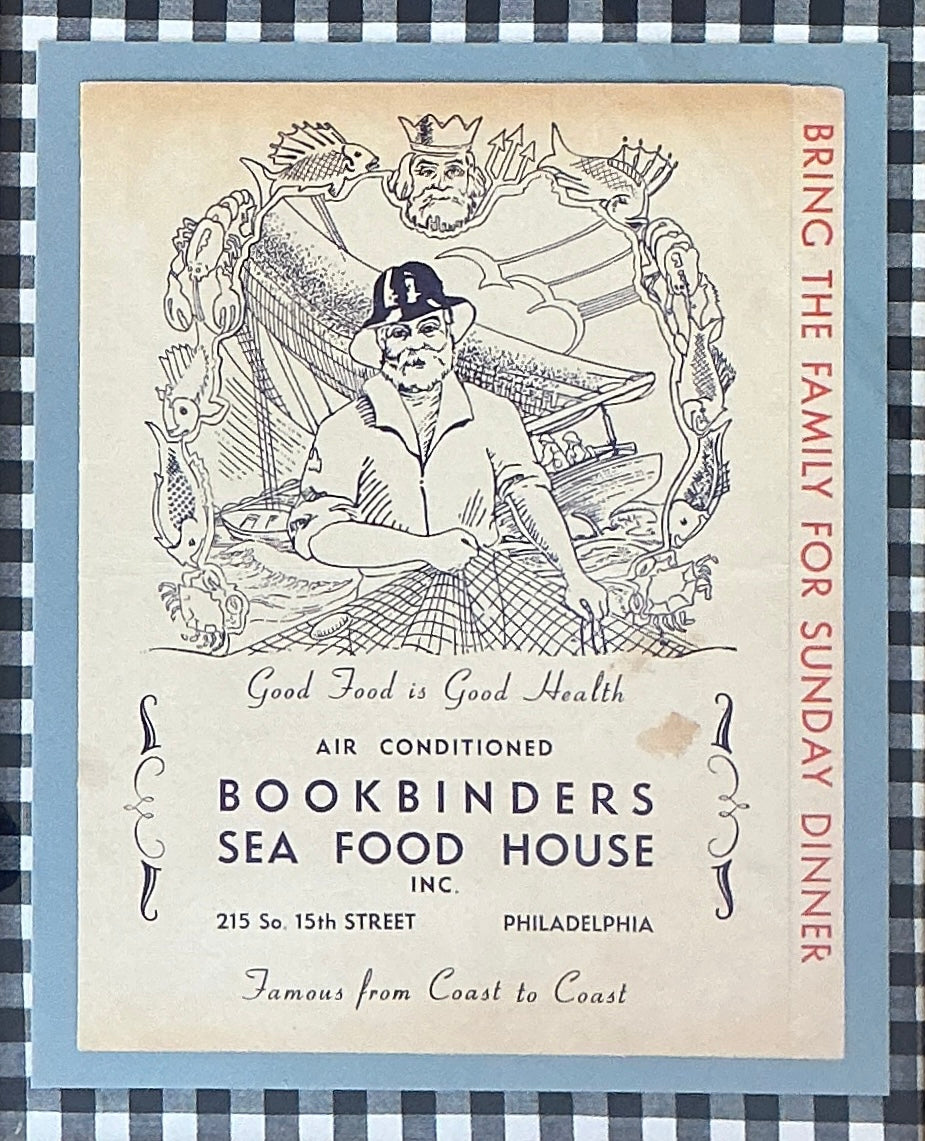 Vintage Philadelphia Bookbinders Menu on Navy Gingham in Gold Frame