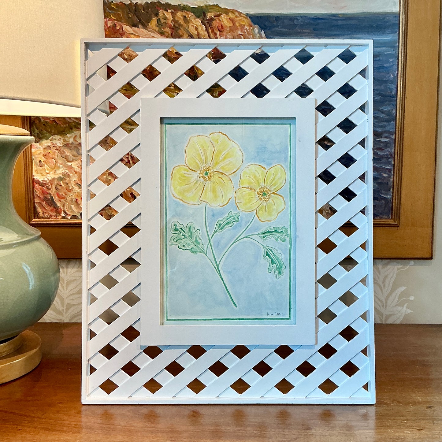 Kate Miller Yellow Pansy Botanical Watercolor Painting in White Lattice Frame