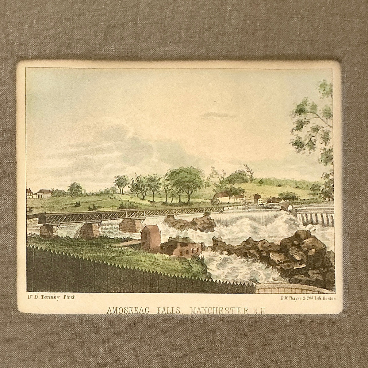 19th Century Hand Colored Amoskeag Falls Manchester New Hampshire Landscape Lithograph Wrapped in Belgian Linen Mat in Gold Frame