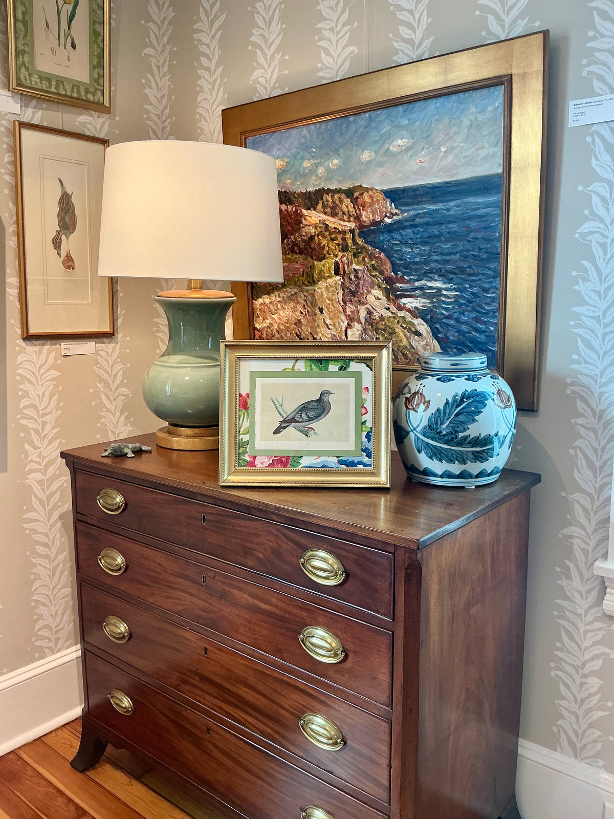 19th Century Stock Dove Engraving on Scalamandre Shantung Garden Fabric in Gold Frame