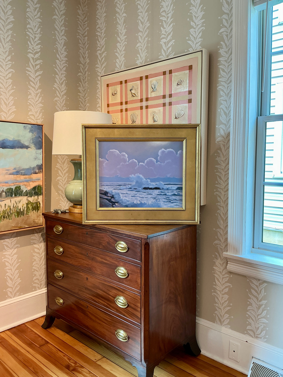 Anthony R. Thompson Moonlit Surf Monhegan Island Maine Seascape Oil Painting in Gold Frame