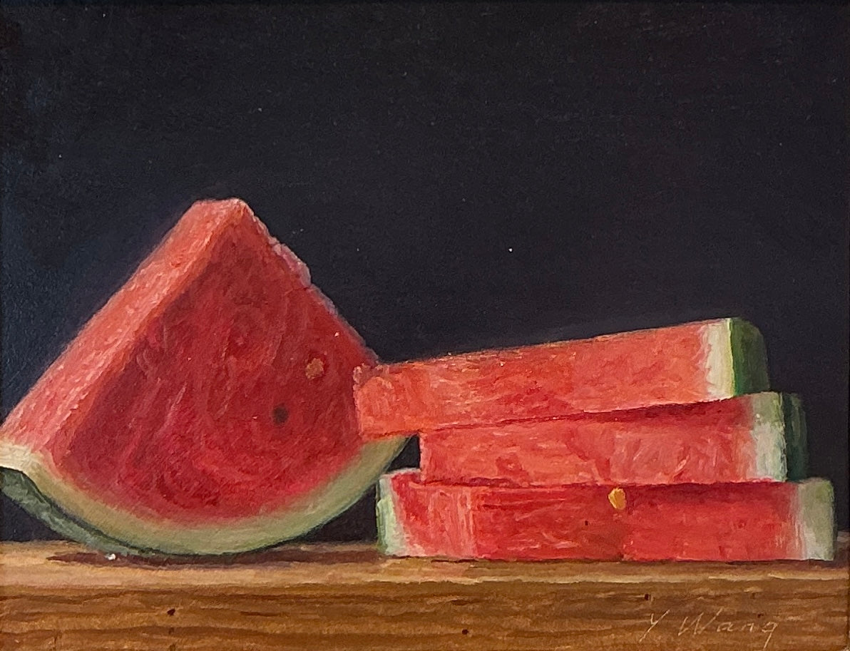 Youqing Wang Watermelon Slices on Wood Table Still Life Oil Painting in Gold Frame