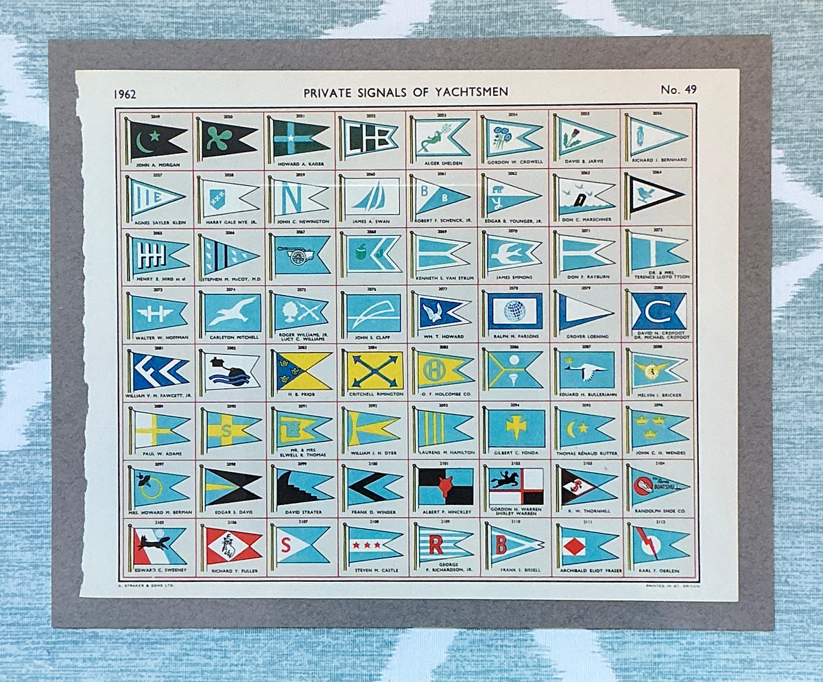 1962 Private Signals of Yachtsmen Flags on Seafoam and White Trellis Fabric in Gold Frame