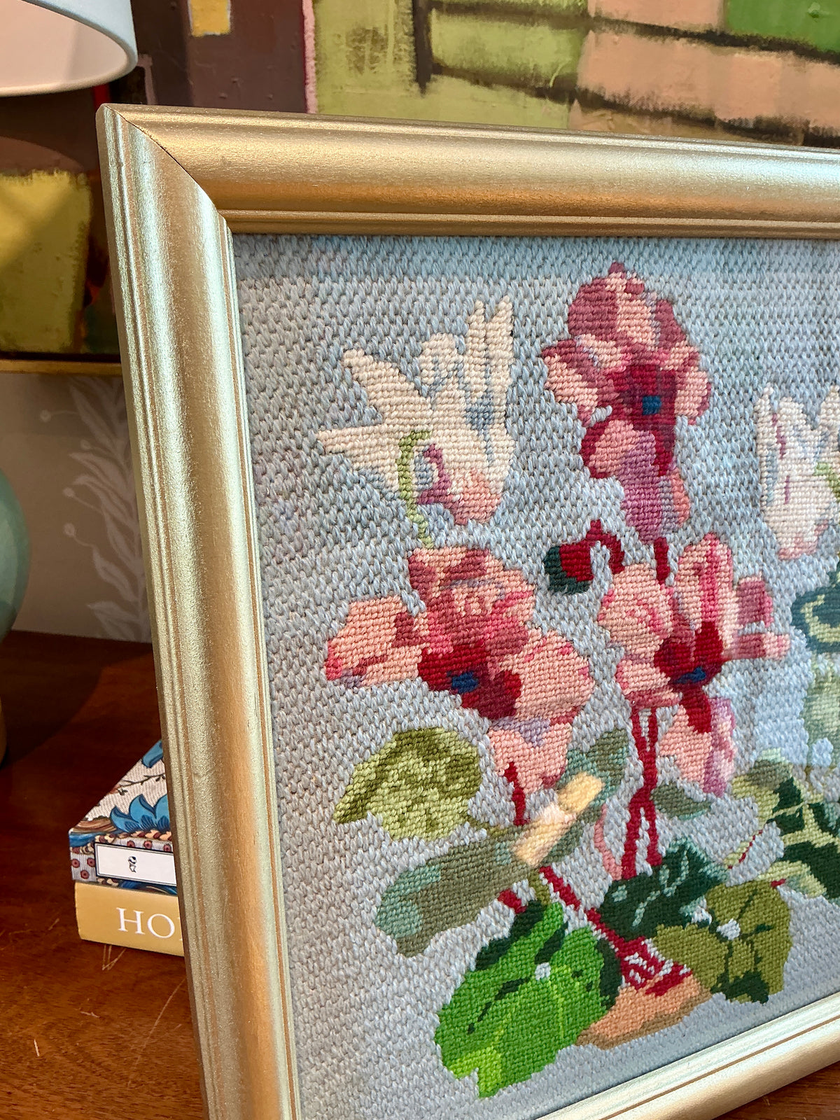 Vintage Orchid Needlepoint in Gold Frame