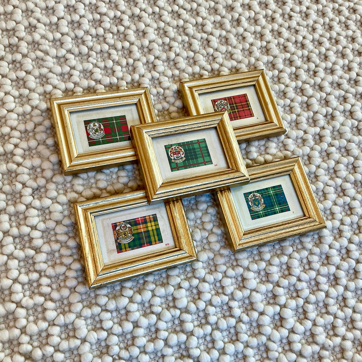 Set of Five Antique Scottish Tartan Tobacco Silks on Ivory in Gold Frames