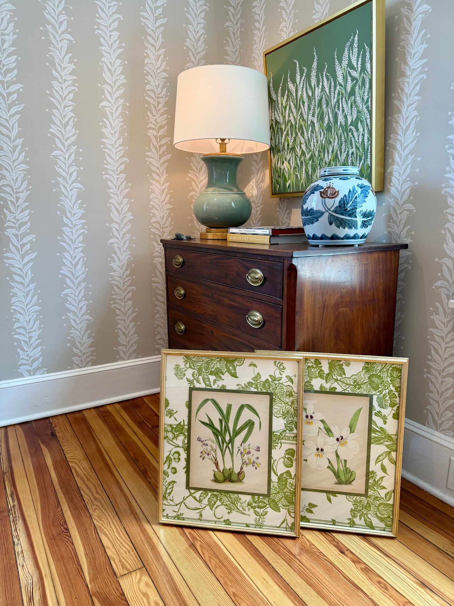 Pair of 19th Century Orchid Hand Colored Lithographs on Vintage Schumacher Green Toile in Gold Frames