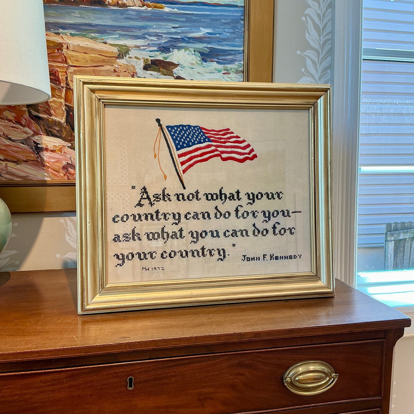 Vintage John F. Kennedy Quote Needlepoint in Gold Frame