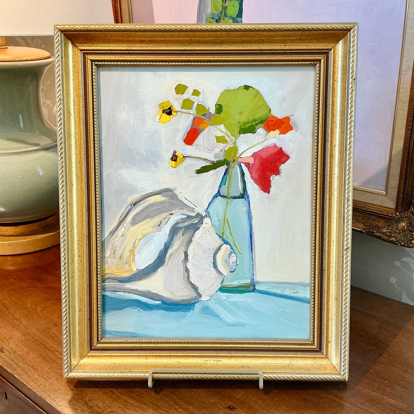 Gretchen McGinnis Still Summer Still Life Oil Painting in Gold Frame