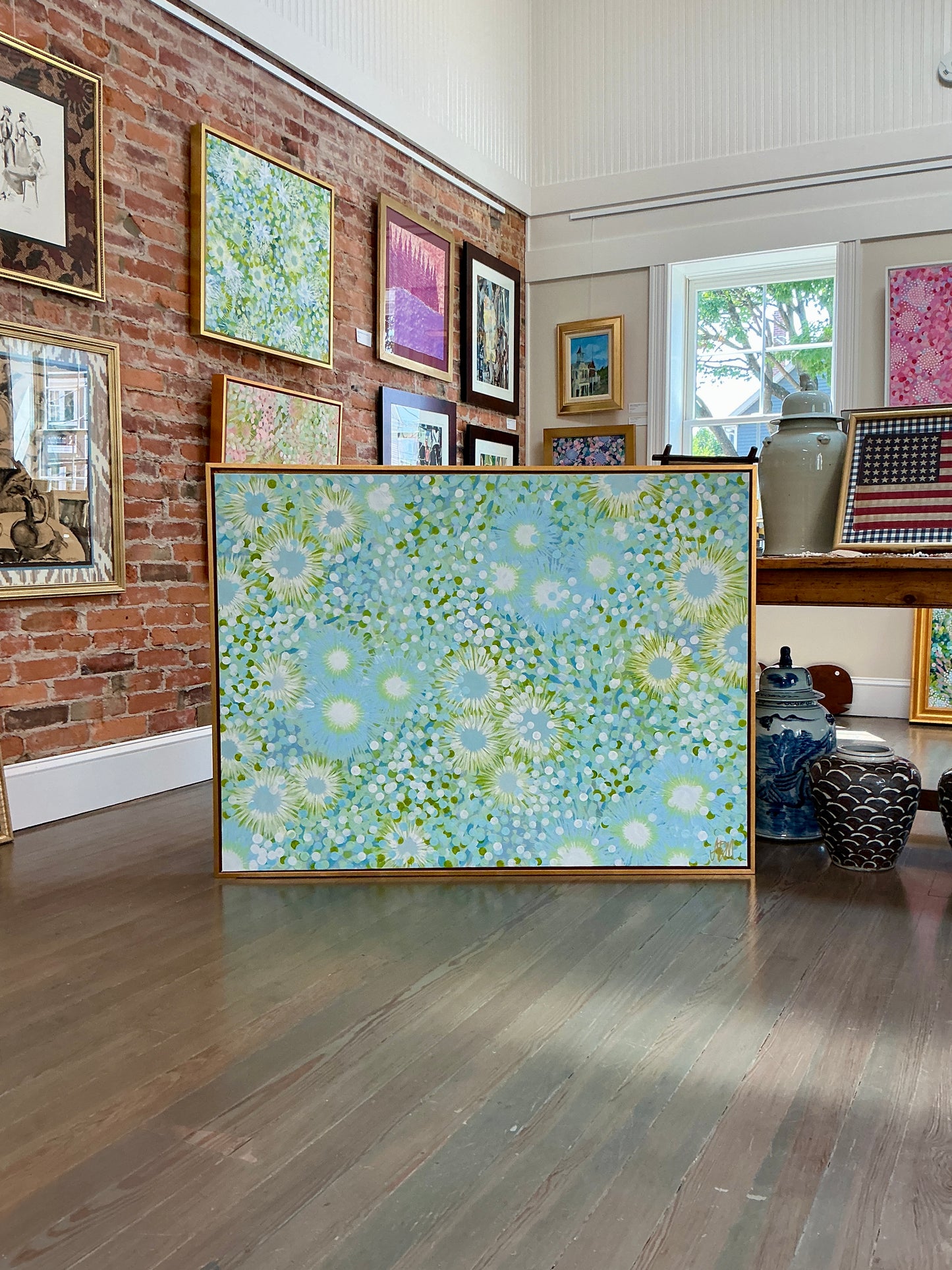 Alison Diamond McElroy Azure Retreat Floral Abstract Painting in Gold Floater Frame
