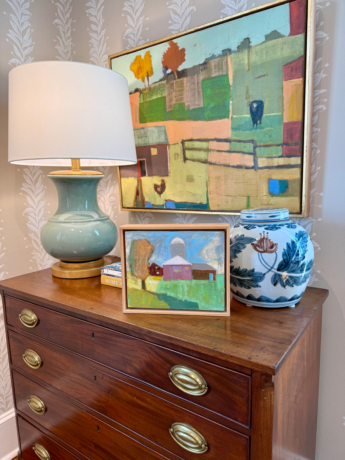 Carol Lesher Sky Bright Landscape Oil Painting in Natural Wood Floater Frame