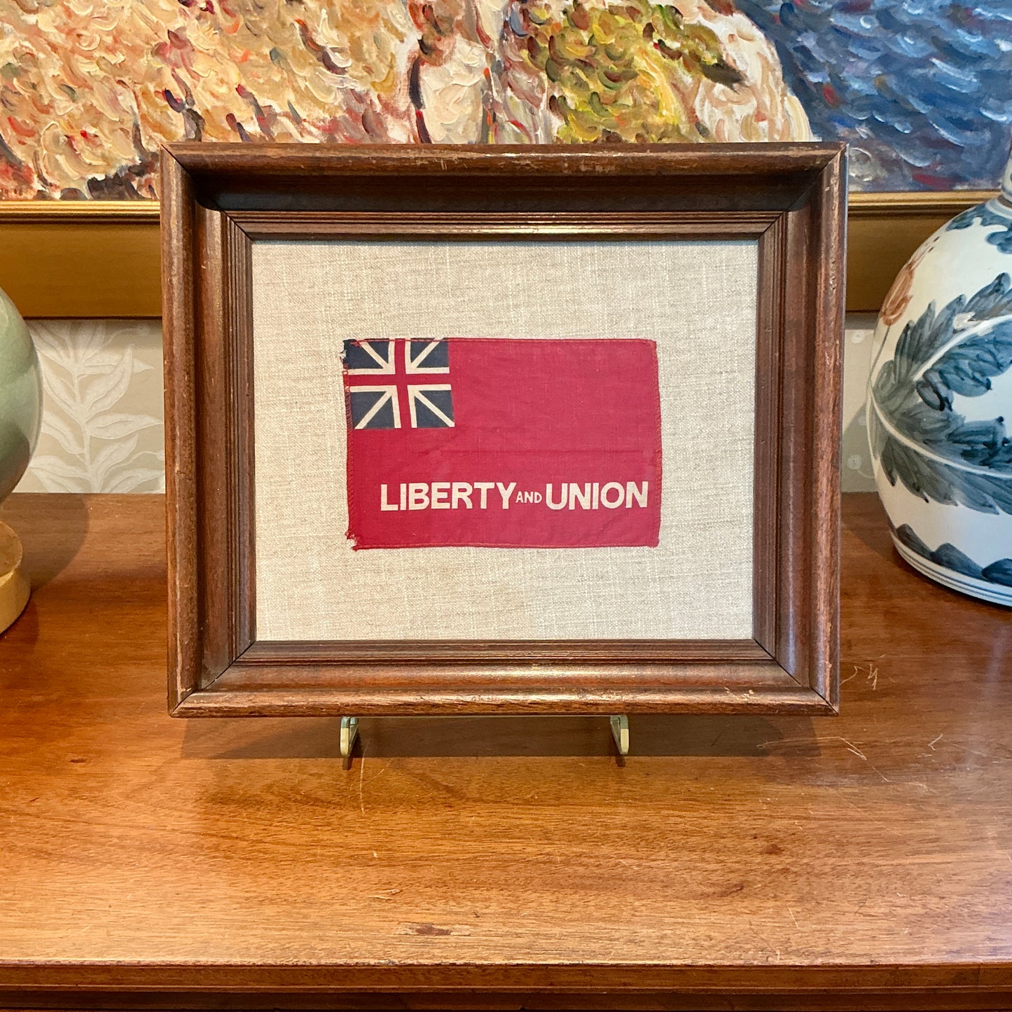 Vintage Taunton Flag on Light Grey Grain Sack Fabric in Wood Frame