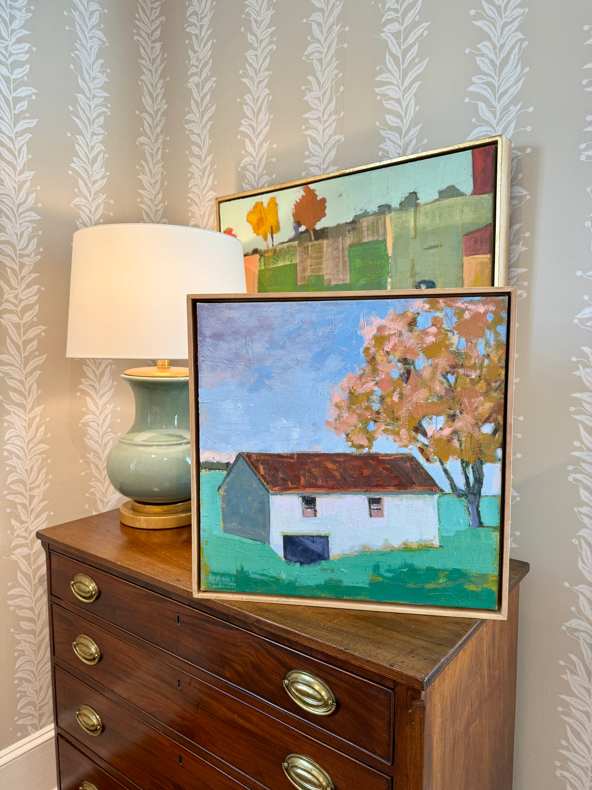 Carol Lesher Morning Landscape Oil Painting in Natural Wood Floater Frame