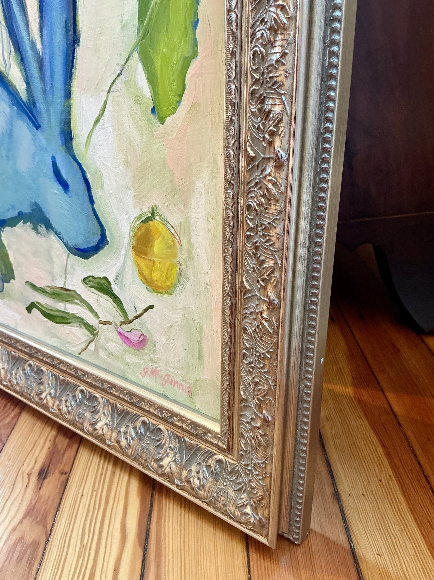 Gretchen McGinnis Summer Blue Rabbits Oil Painting in Ornate Silver Frame