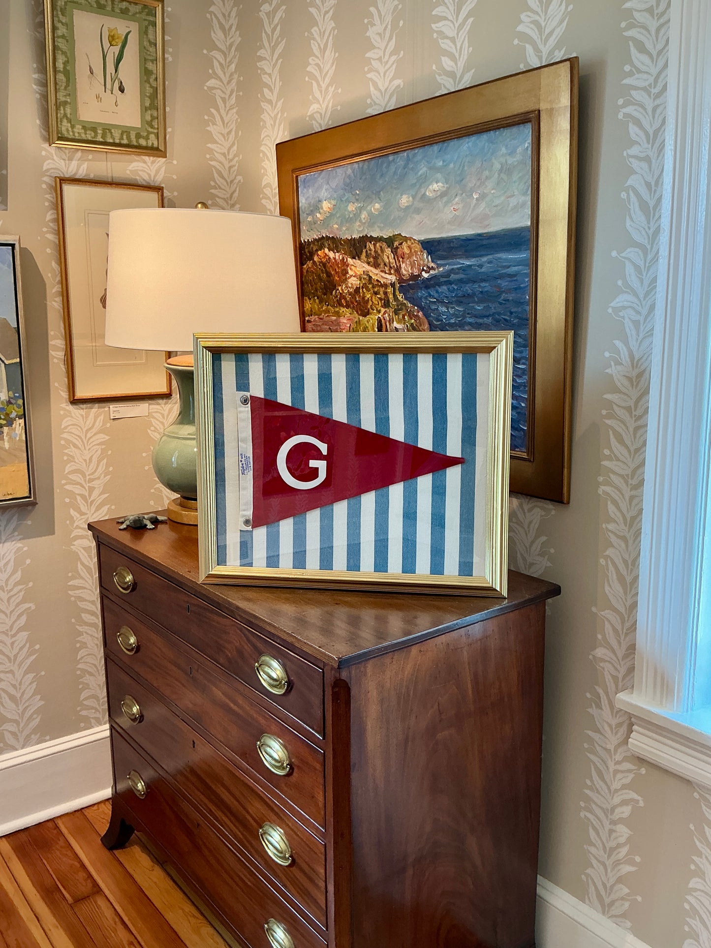 Vintage Red Canvas "G" Burgee Nautical Flag on Blue Stripes in Gold Frame