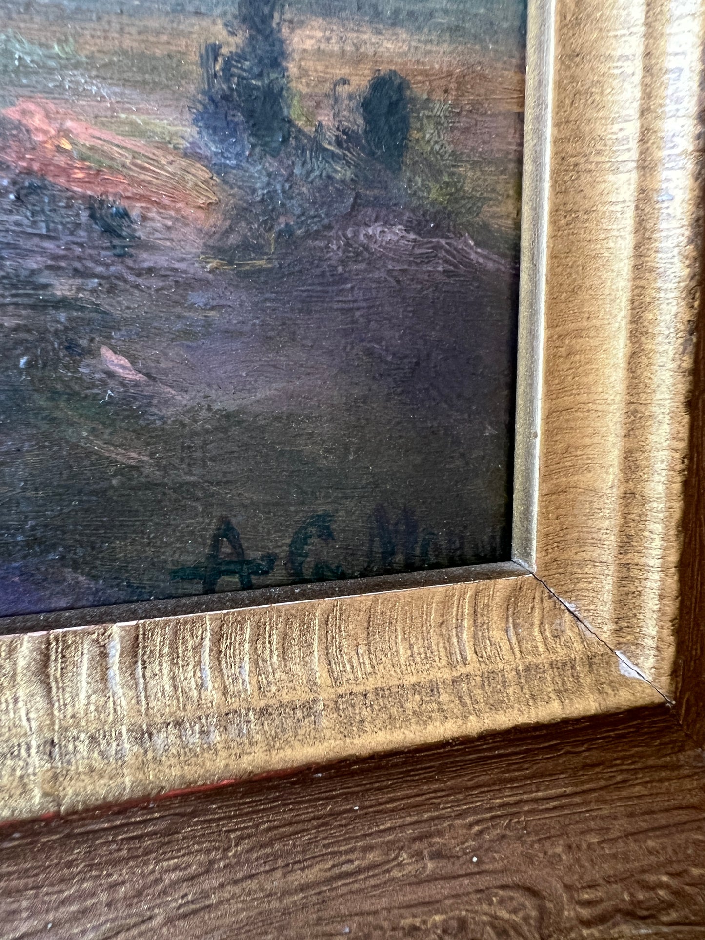 Antique American West Mountain Landscape Painting in Dark Gold Wood Frame