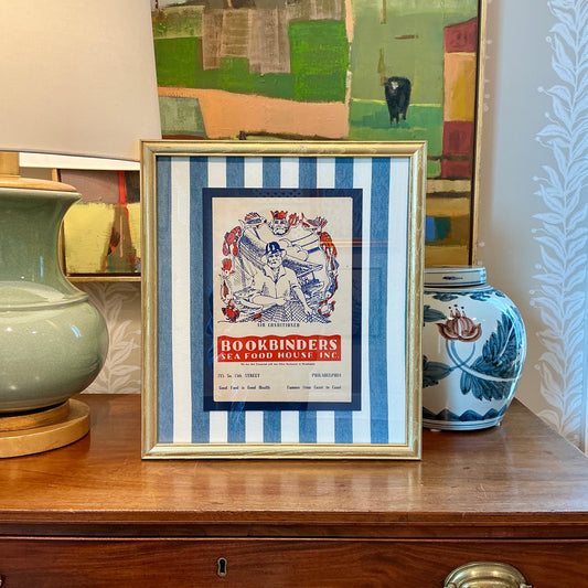 Vintage Philadelphia Bookbinders Menu on Blue and White Stripes in Gold Frame
