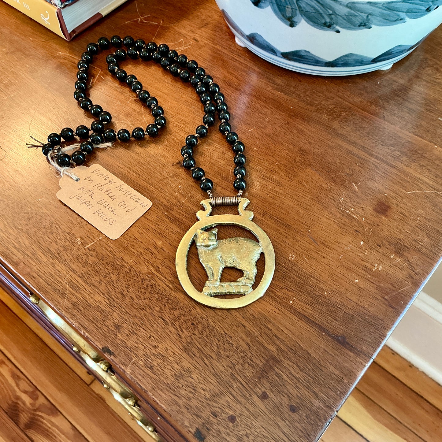 Antique English Horse Brass Cat Medallion Black Jasper Beaded Hand Knotted Necklace