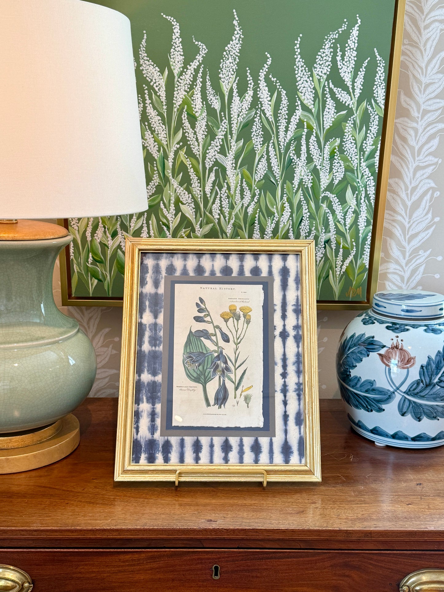 Antique Hand Colored Botanical Engraving on Navy Shibori Hand Made Paper in Gold Frame