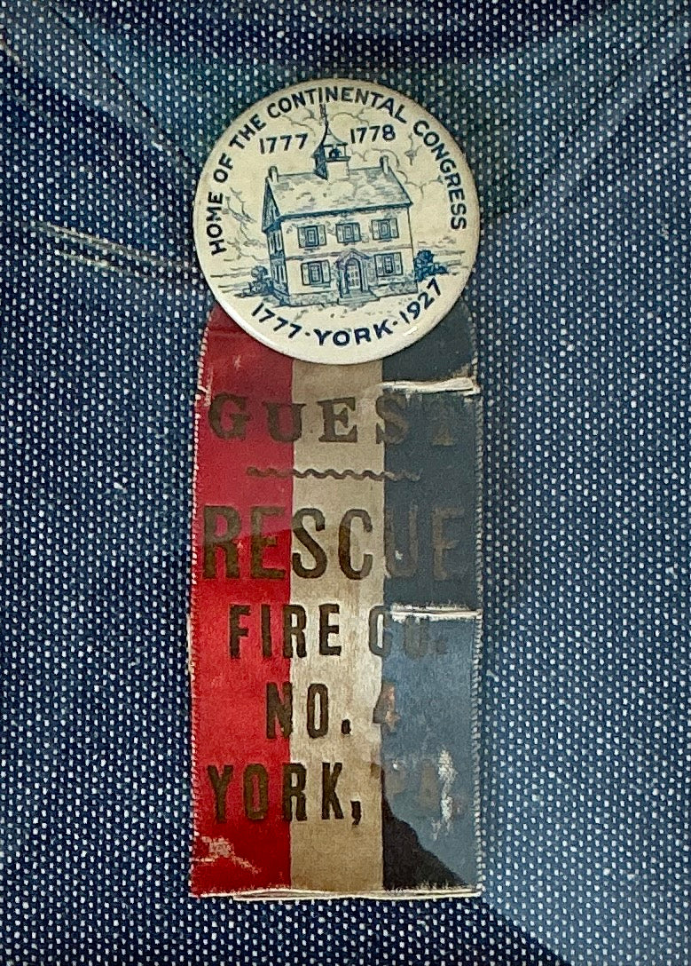 Vintage Fire Rescue York, PA Button and Ribbon on Blue Pique in Dark Gold Carved Frame