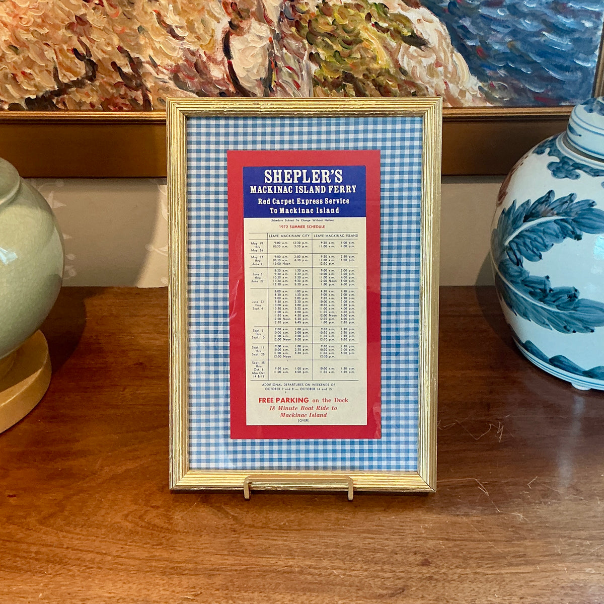 Vintage Mackinac Island Ferry Schedule on Blue Gingham in Gold Frame