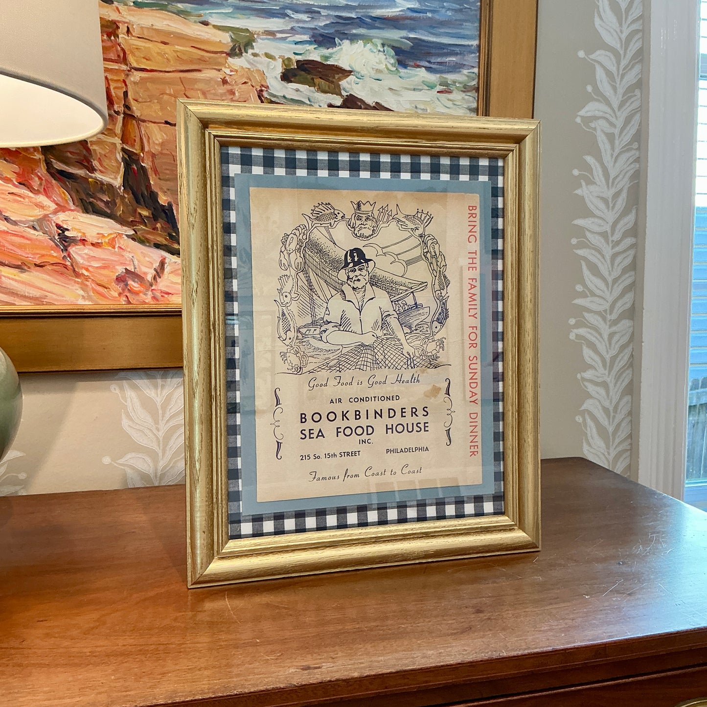 Vintage Philadelphia Bookbinders Menu on Navy Gingham in Gold Frame