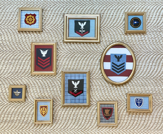 Gallery Wall Collection of Ten American Military and Boy Scout Patches in Gold Frames