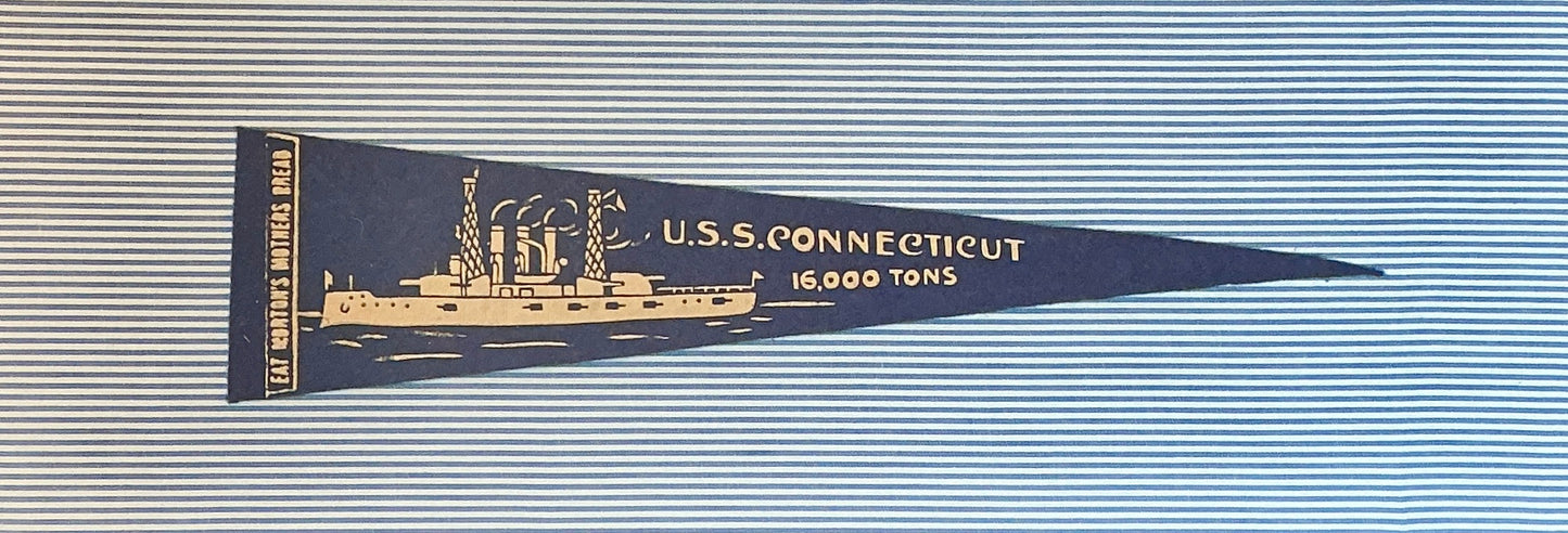 Vintage U.S.S. Connecticut Naval Ship on Blue Ticking Stripes in Gold Frame