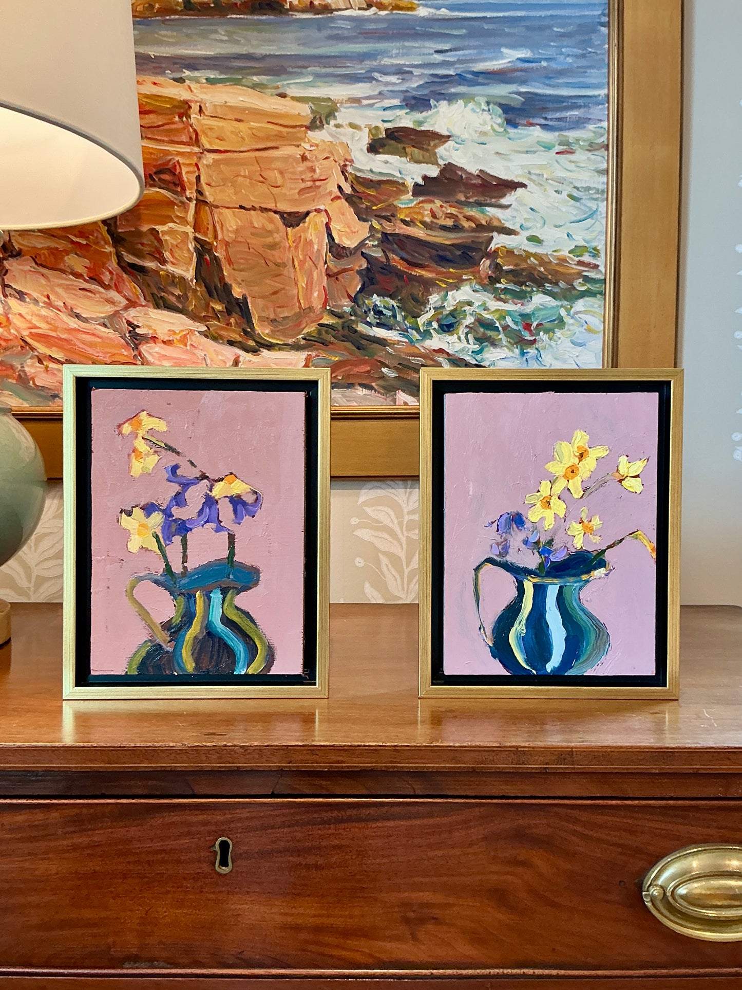 Gretchen McGinnis Creamer With Mini Daffodils And Violets I Still Life Oil Painting in Gold Floater Frame
