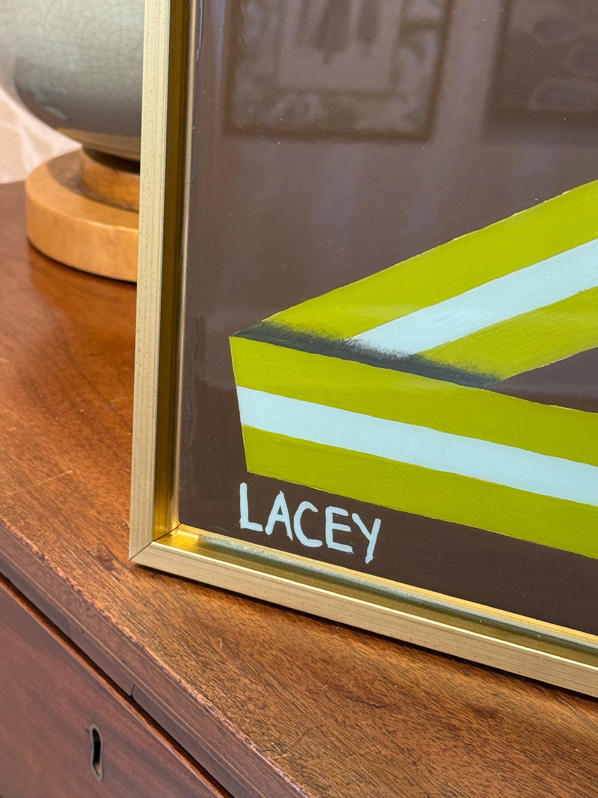 Lacey Craig Hooper Lime Ribbon Series Painting in Gold Floater Frame