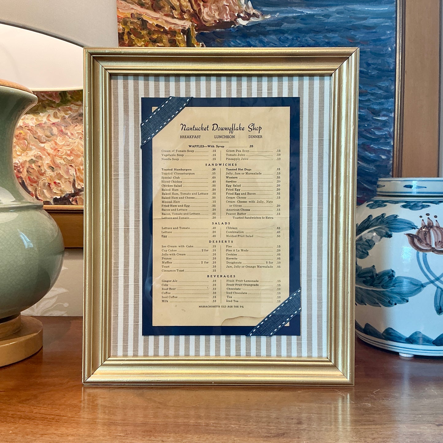Vintage Nantucket Downyflake Restaurant Menu on Taupe Stripes in Gold Frame