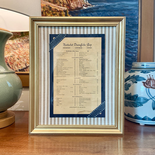 Vintage Nantucket Downyflake Restaurant Menu on Taupe Stripes in Gold Frame