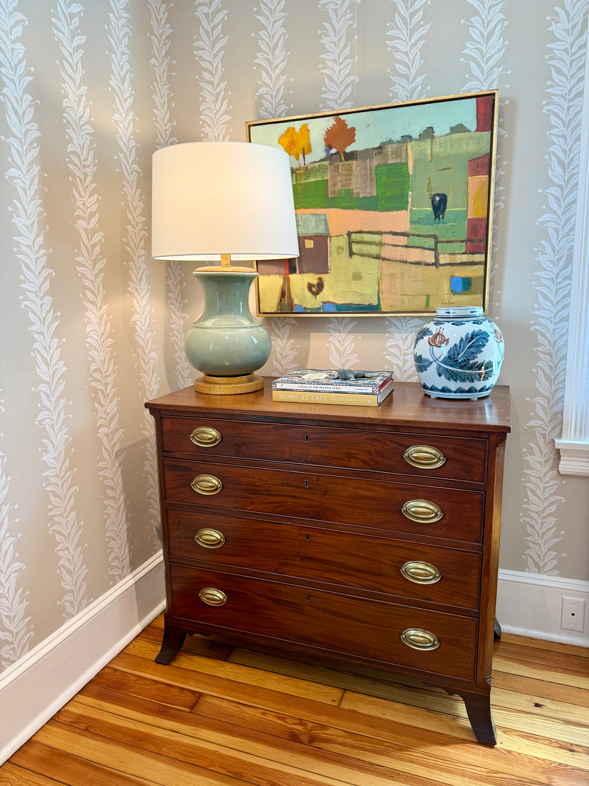 Carol Lesher Shelter Landscape Oil Painting in Natural Wood Floater Frame with Gold Facing