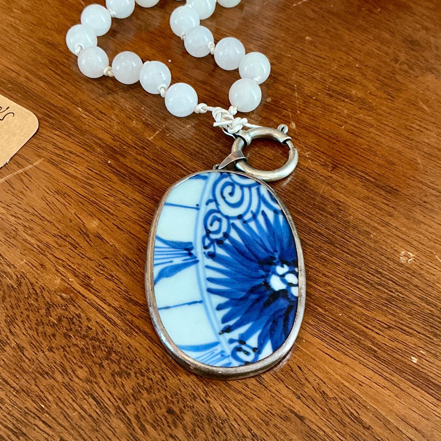 Chinoiserie Pottery Pendant White Quartz Beaded Hand Knotted Necklace