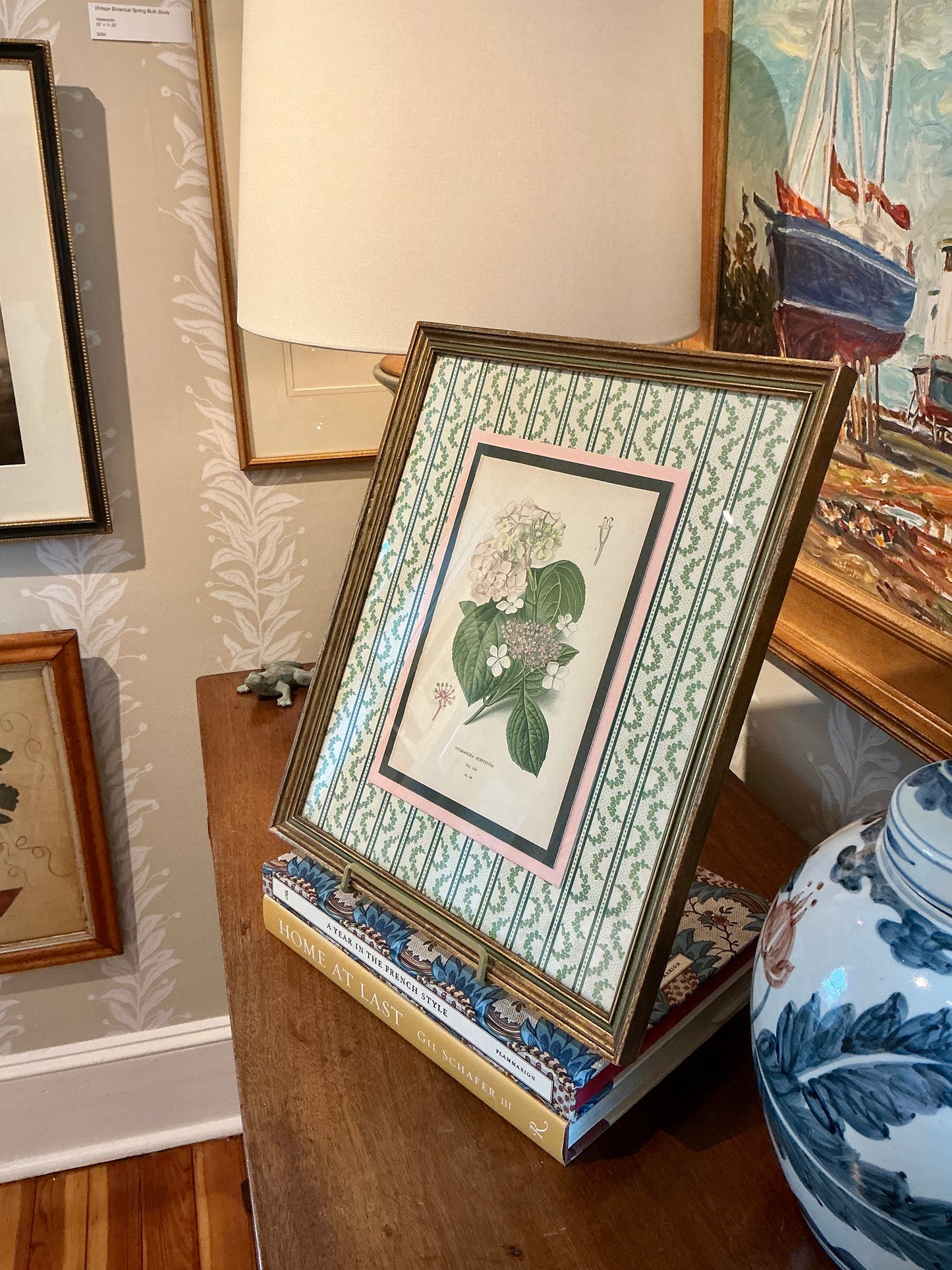 19th Century Hydrangea Hortensia Hand Colored Lithograph on Ivy Chintz Fabric in Dark Gold Frame