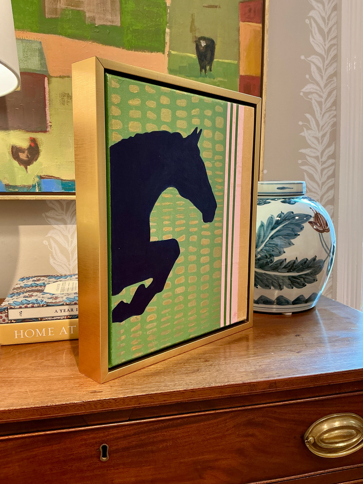 Heather Carey Off to the Races Horse Portrait Mixed Media in Gold Floater Frame