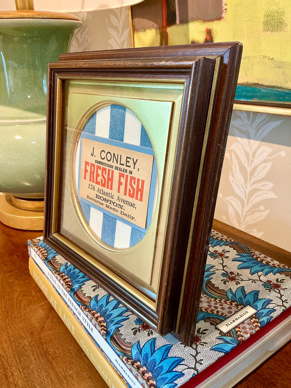 Vintage Fresh Fish Old Boston Fishmonger's Tag on Blue and White Stripes in Wood Frame with Gilded Liner