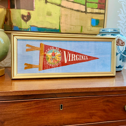 Vintage Virginia Pennant on Blue Ticking Stripes in Gold Frame