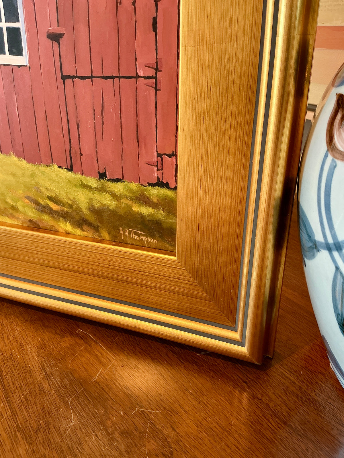 Anthony R. Thompson Barn Mosaic Landscape Oil Painting in Gold Frame