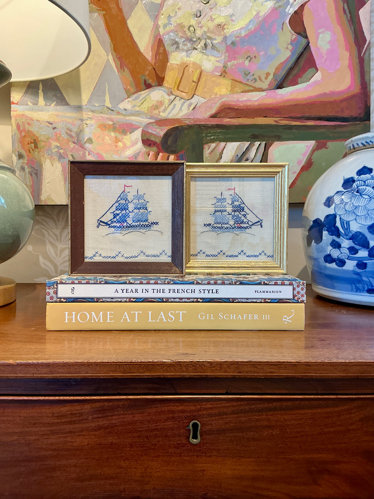 Vintage Sailboat Linen Embroidery in Gold Frame