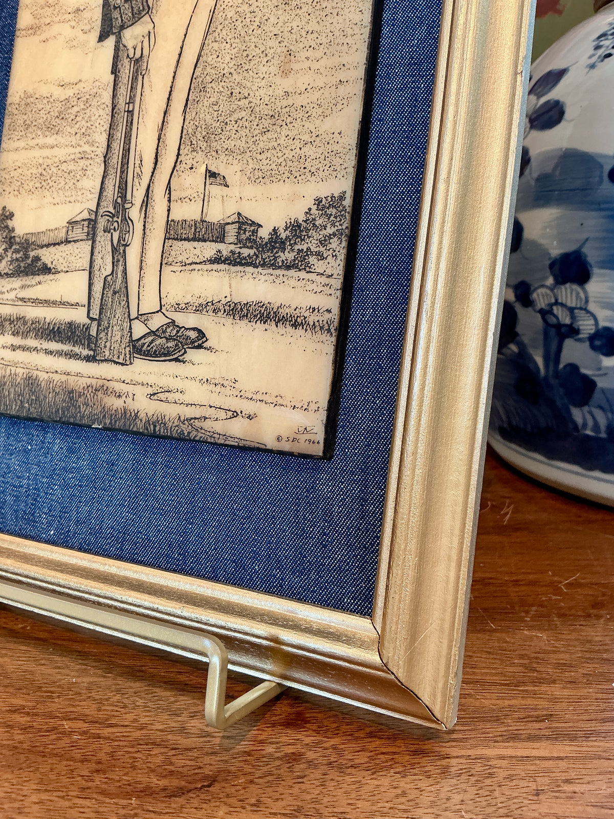 1966 Infantry Solider Resin Scrimshaw on Chambray in Gold Frame