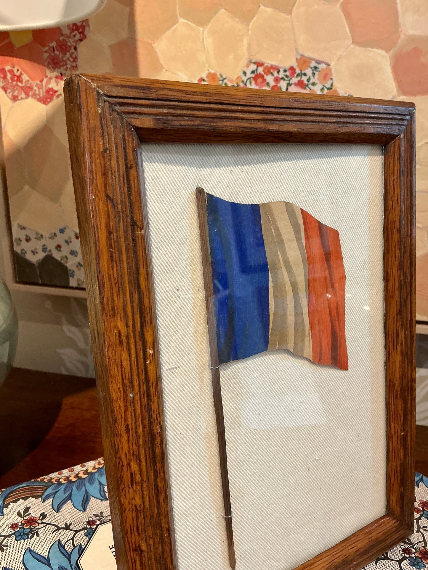 Antique French Flag Oil Painting on Ivory Duck Cloth in Oak Wood Frame