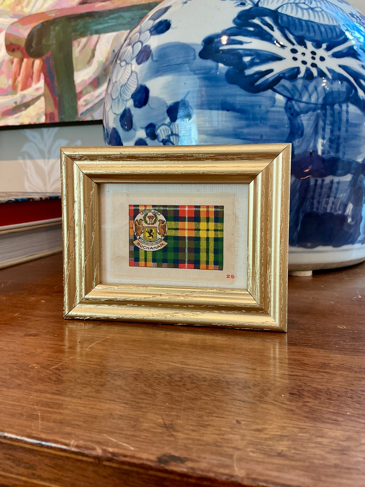 Set of Five Antique Scottish Tartan Tobacco Silks on Ivory in Gold Frames