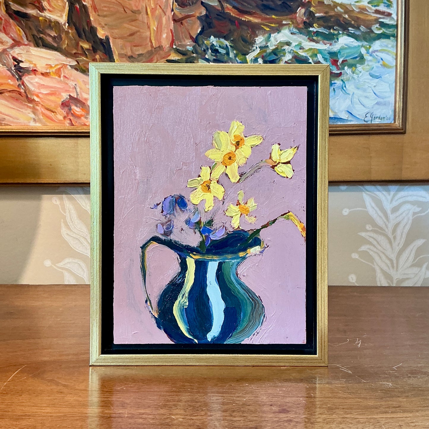 Gretchen McGinnis Creamer With Mini Daffodils And Violets II Still Life Oil Painting in Gold Floater Frame