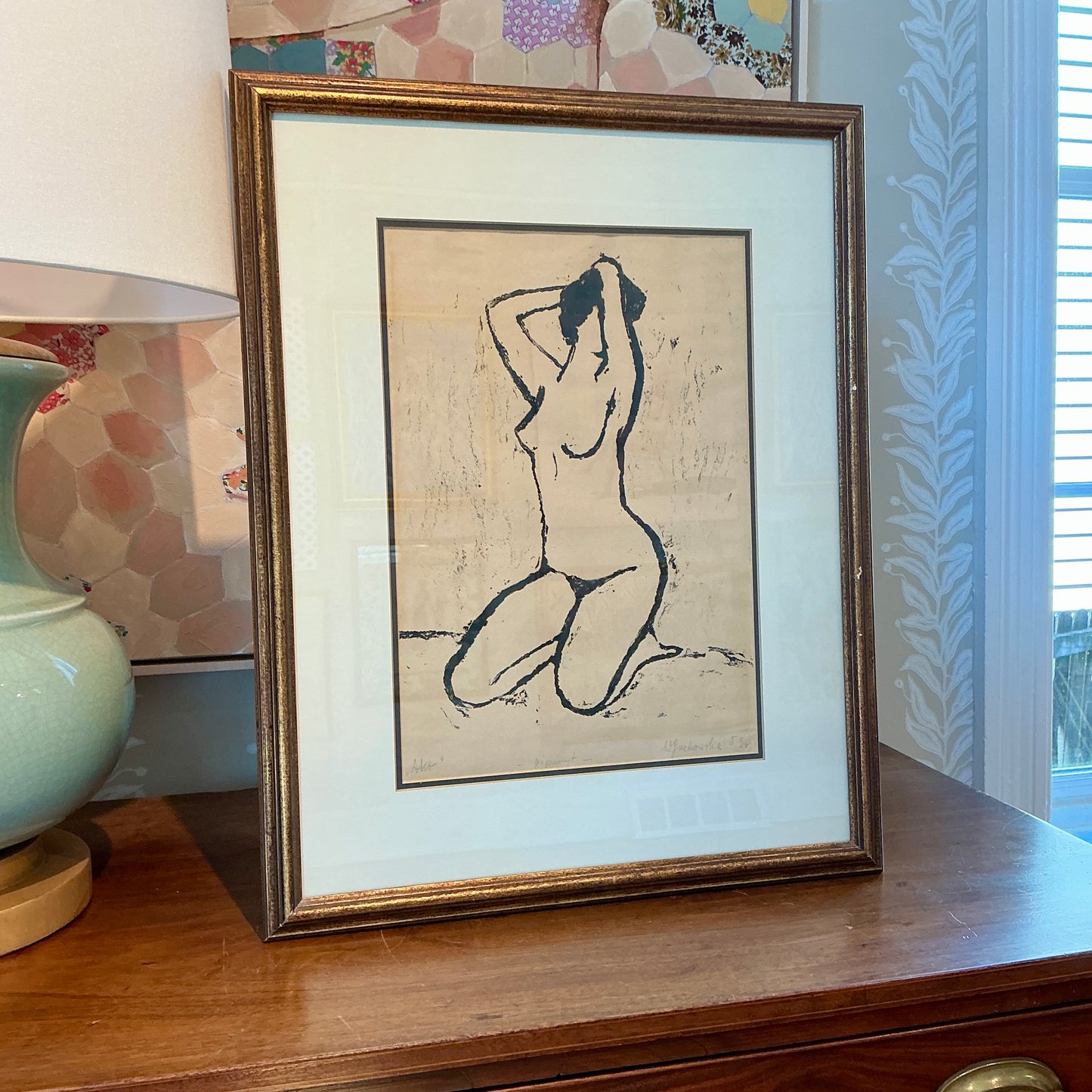 Wanda Telakowska Nude Female Woodcut Portrait in Gold Frame