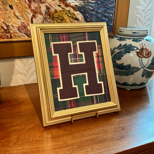 Vintage Varsity Letter Initial H on Madras Patch Fabric in Gold Frame