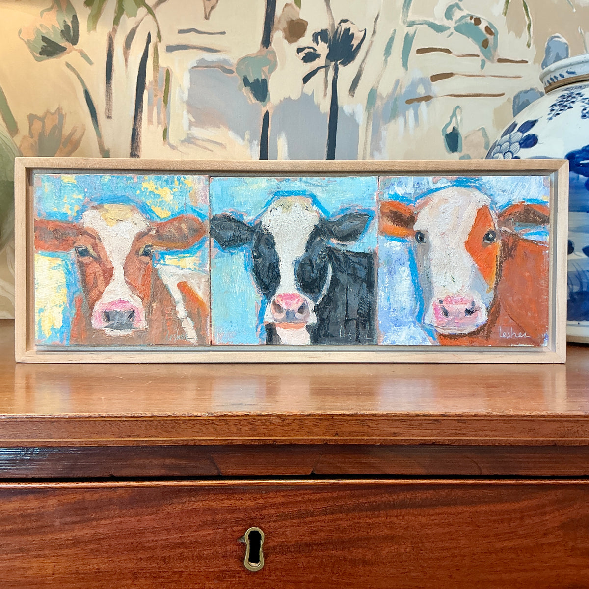 Carol Lesher Cow Trio 4 Portrait Oil Painting in Wood Frame