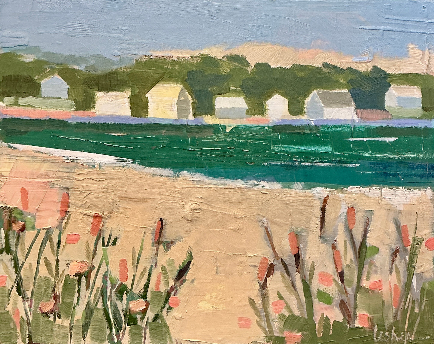 Carol Lesher After Noon Coastal Landscape Oil Painting in Natural Wood Frame