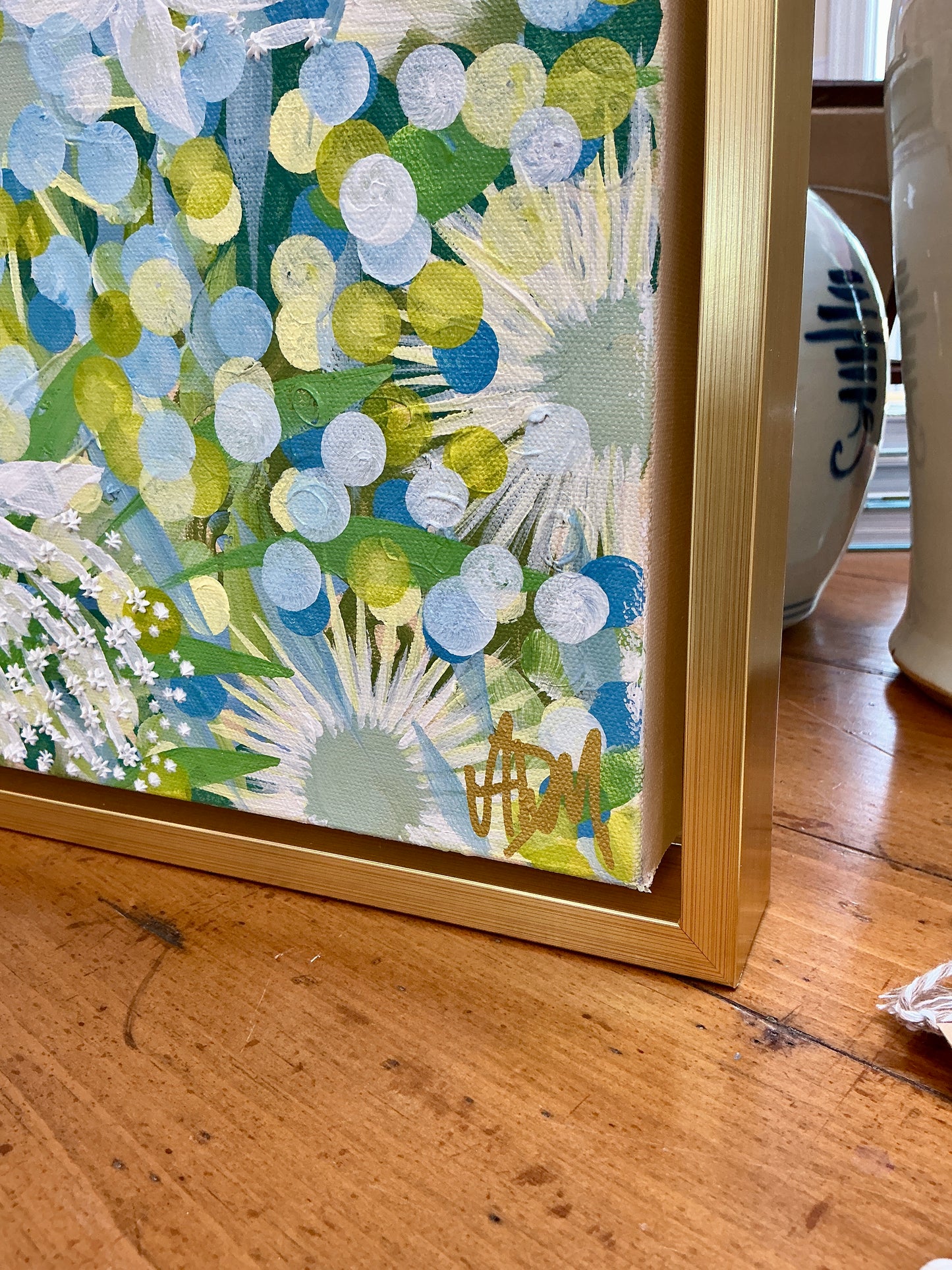Alison Diamond McElroy Poolside Abstract Floral Painting in Gold Floater Frame