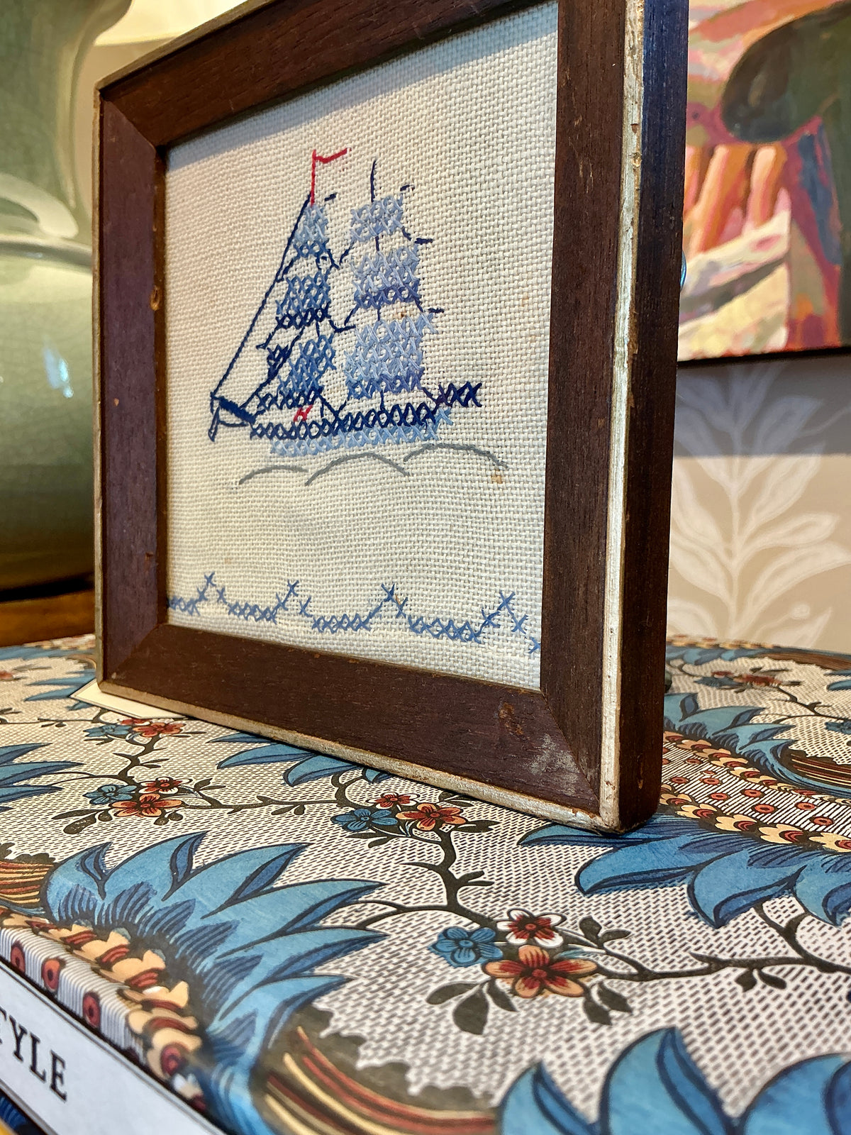 Vintage Sailboat Linen Embroidery in Wood Frame
